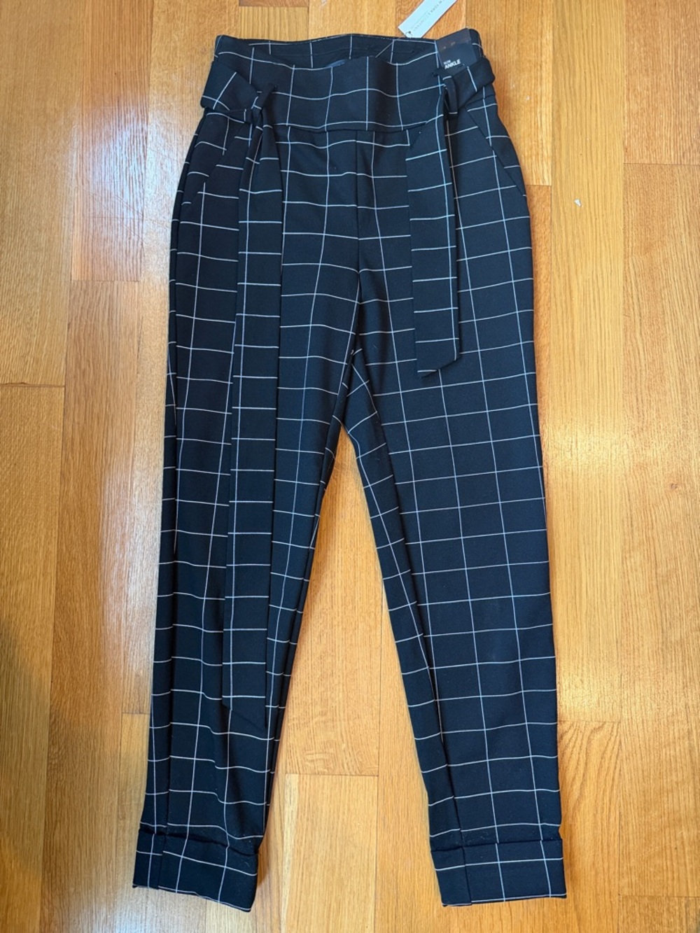 New York & Company Black Windowpane Tie-Waist Trousers